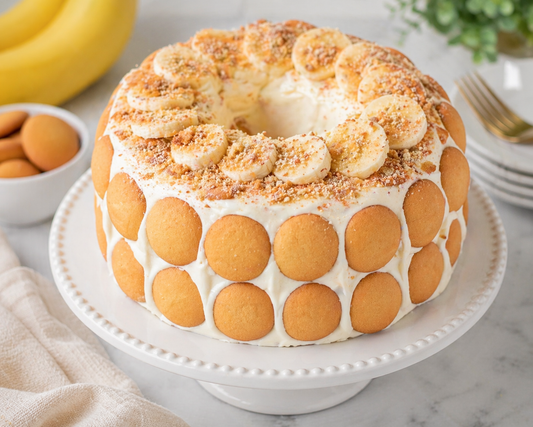 Banana Pudding Pound Cake with vanilla wafers and banana slices - JoCakes By Josephine